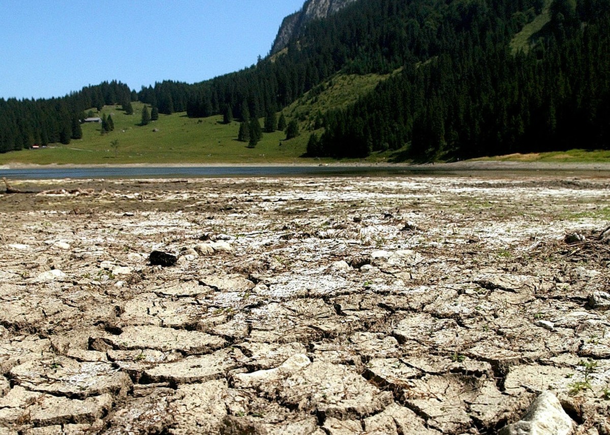 Ausgetrocknete Schlammboeden zeugen am Montag, 11. August 2003 am Ufer des Voralpsees oberhalb vom St. Gallischen Grabs von der grossen Trockenheit. Die grosse Hitze mit den hohen Temperaturen fuehrt  ...