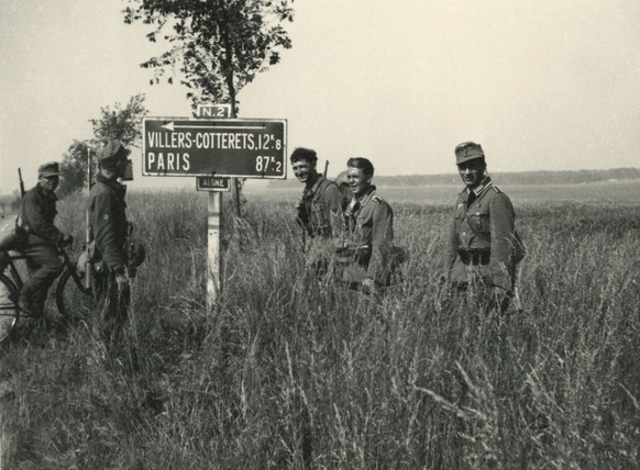 World War II: German soldiers on National Highway 2 to Paris, between Soissons and Villers-Cotterets (Aisne, France). On June 9th, 1940. (Photo by adoc-photos/Getty Images)