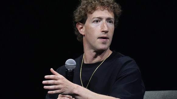 Mark Zuckerberg, chief executive officer of Meta, makes a point during an appearance at SIGGRAPH 2024, the premier conference on computer graphics and interactive techniques, Monday, July 29, 2024, in ...