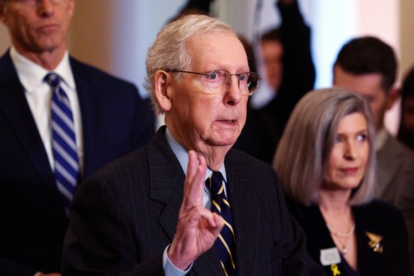 epa11086014 Senate Minority Leader Mitch McConnell during a press briefing at the US Capitol in Washington, DC, USA, 17 January 2024. Discussions continue on a government funding package which must pa ...