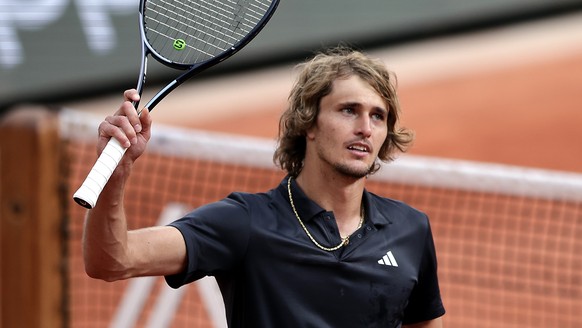 epa10678072 Alexander Zverev of Germany reacts after winning against Tomas Martin Etcheverry of Argentina in their Men&#039;s quarterfinal match during the French Open Grand Slam tennis tournament at  ...