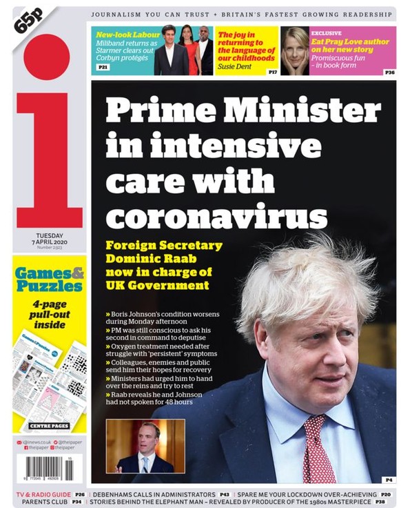 Britische Zeitungen am Tag, nach dem Premierminister Boris Johnson auf die Intensivstation verlegt wurde.