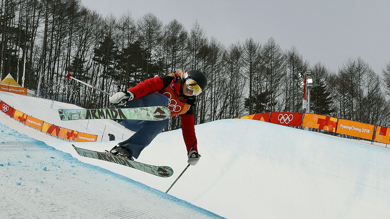 Elizabeth Marian Swaney, of Hungary, jumps during women&#039;s halfpipe qualifying at Phoenix Snow Park at the 2018 Winter Olympics in Pyeongchang, South Korea, Monday, Feb. 19, 2018. (AP Photo/Gregor ...