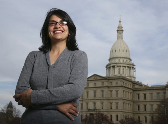FILE - In this Thursday, Nov. 6, 2008, file photo, Rashida Tlaib, a Democrat, is photographed outside the Michigan Capitol in Lansing, Mich. In the primary election Tuesday, Aug. 7, 2018, Democrats pi ...