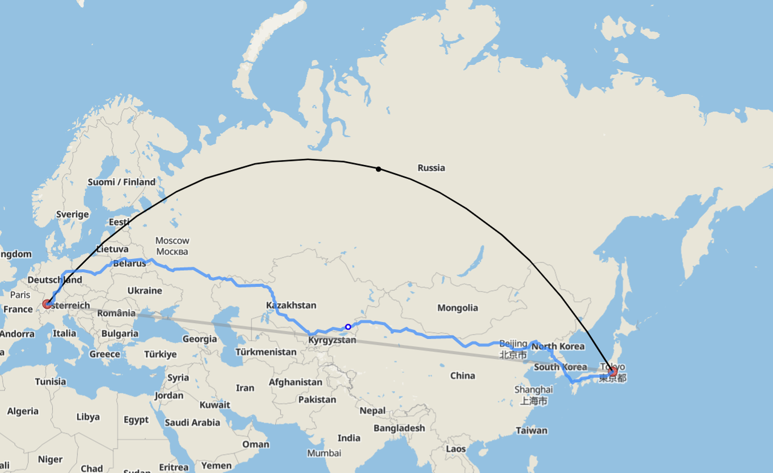 Die kürzeste Route von Zürich nach Tokio führt über Russland. Luftlinie: Rund 9500 Kilometer.