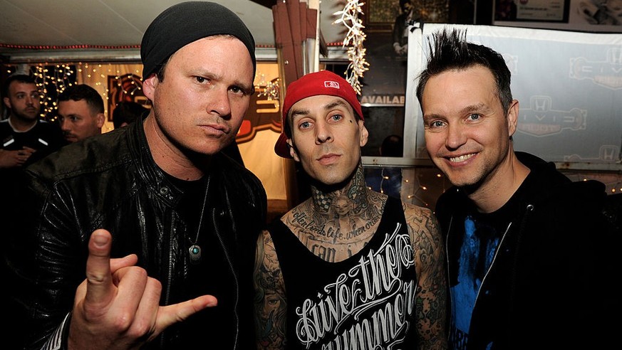 WEST HOLLYWOOD, CA - MAY 23: (L-R) Musicians Tom DeLonge, Travis Barker and Mark Hoppus of blink-182 pose at a press party of announce the 2011 Honda Civic Tour featuring blink-182 and My Chemical Rom ...