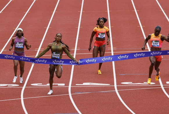 Sha&#039;Carri Richardson wins the women&#039;s 100 meters at the Prefontaine Classic track and field meet Saturday, May 25, 2024, in Eugene, Ore. (AP Photo/Thomas Boyd)