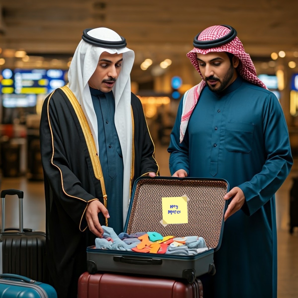 Two Arab customs officers in traditional dress find a suitcase with letters between their socks