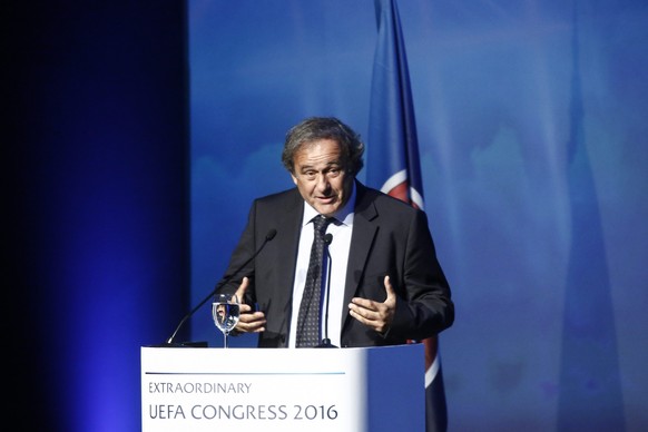 epa05538841 Former UEFA President Michel Platini delivers his speech during UEFA elections, at 12th Extraordinary UEFA Congress in Athens, Greece, 14 September 2016. Michel Platini has been given perm ...