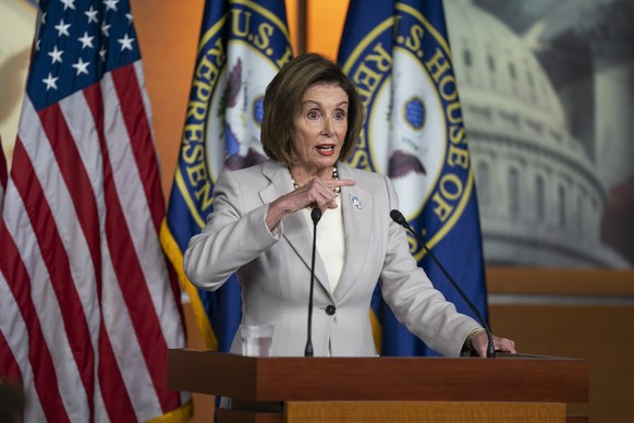 epa07927930 Democratic Speaker of the House from California Nancy Pelosi speaks at her weekly press conference in the US Capitol in Washington, DC, USA, 17 October 2019. Pelosi addressed her meeting w ...