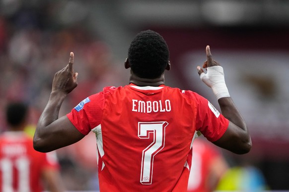 KEYPIX - Switzerland's Breel Embolo (7) celebrates after scoring his team's first goal during the World Cup round of 32 soccer match between Switzerland and Algeria in Vancouver, British Col ...