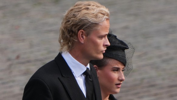 Marius Borg Hoiby, left, arrives for the funeral of Norway's King Harald V at Oslo Cathedral in Oslo, Wednesday, Sept. 9, 2026. (AP Photo/Markus Schreiber)
Marius Borg Hoiby