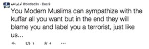 Ein Screenshot vom (gesperrten) Twitter-Account von @bintlad3n: «Ihr modernen Muslime könnt mit den Ungläubigen so viel sympathisieren wie ihr wollt, doch am Ende werden sie trotzdem euch die Schuld geben und wie uns als Terroristen bezeichnen.»<br data-editable="remove">