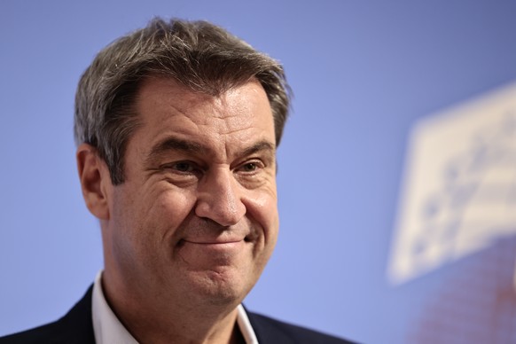 Christian Social Union (CSU) party leader Markus Soeder attends a news conference in Berlin, Germany, Sept. 28, 2021. (Hannibal Hanschke/Pool Photo via AP)