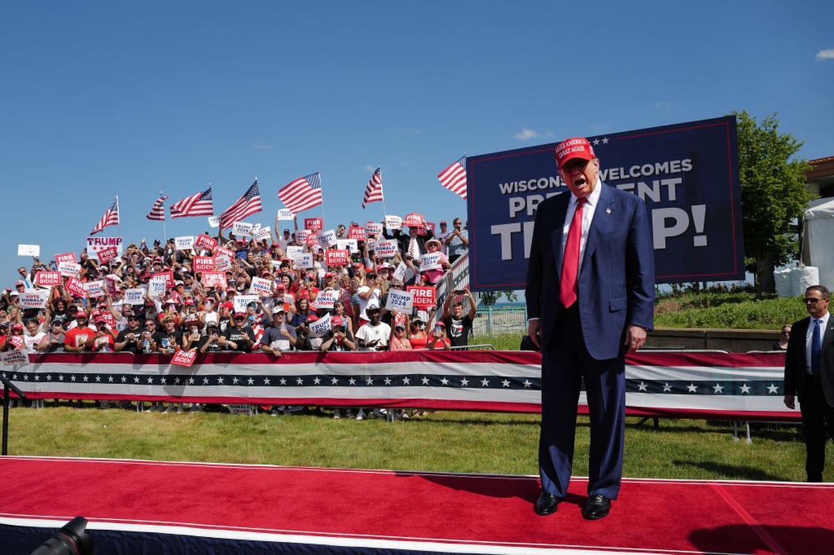 RACINE, WISCONSIN - JUNE 18: Republican presidential candidate former President Donald Trump arrives for a rally at Festival Park on June 18, 2024 in Racine, Wisconsin. This is Trump's third visi ...