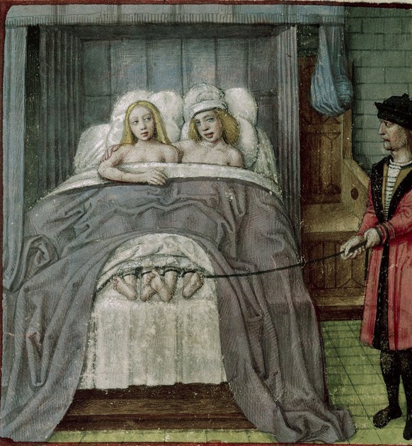 Hephaistos findet seine Ehefrau Aphrodite mit Ares im Bett und bindet den Ehebrechern die Füsse zusammen. Im «Rosenroman», ca. 1490.