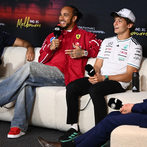 epa11960048 (L-R) Carlos Sainz of Williams, Lewis Hamilton of Ferrari and Andrea Kimi Antonelli of Mercedes during a drivers press conference for the Australian Grand Prix at Albert Park Circuit in Me ...