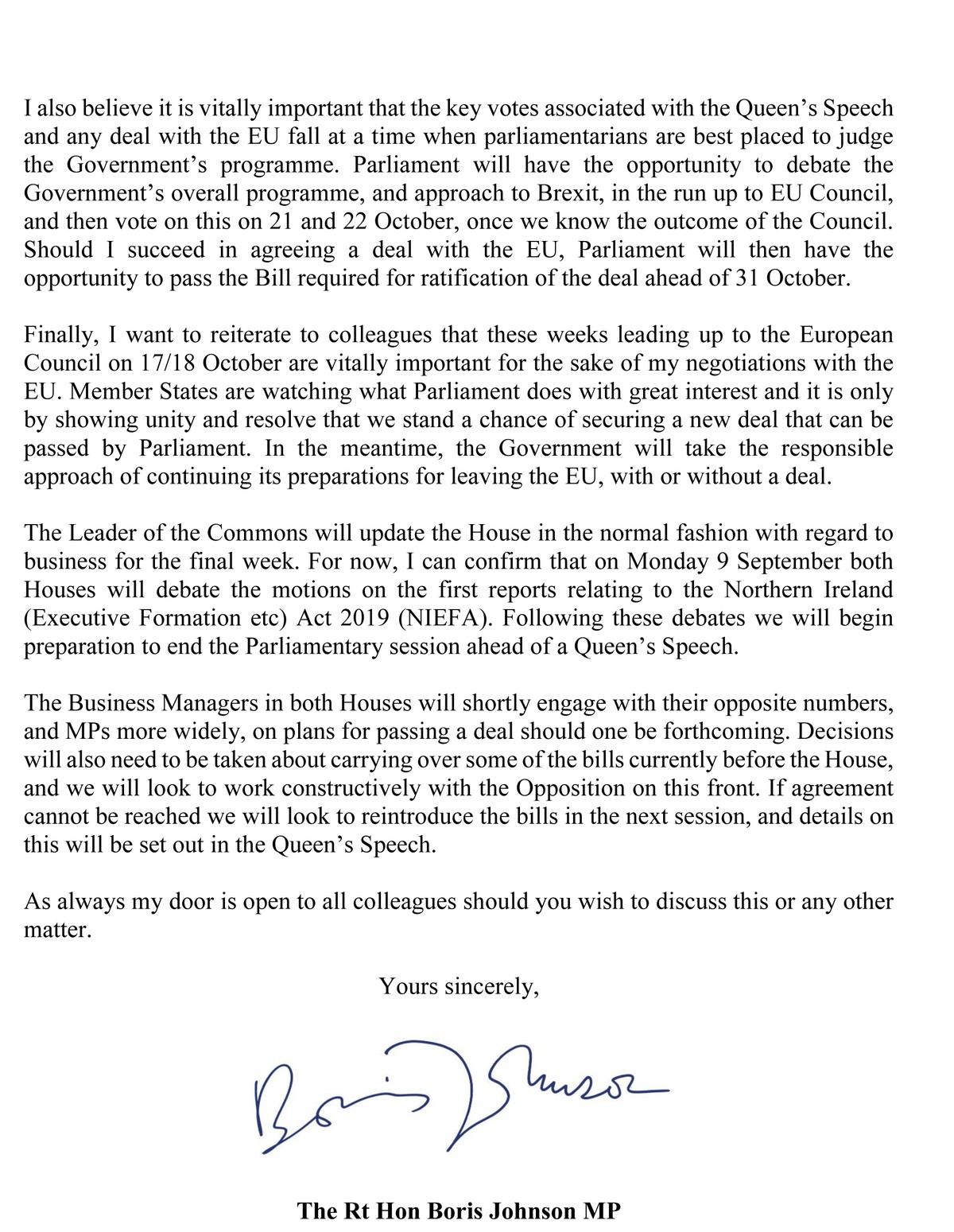 epa07799676 A handout photo made available by 10 Downing Street showing a two-page letter sent by Prime Minister Boris Johnson to fellow lawmakers outlining his Government's plans and confirming  ...