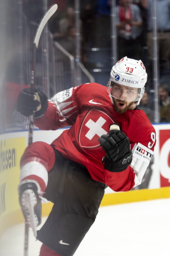 Switzerland&#039;s Lino Martschini celebrater after scoring 3:0 during the game between Switzerland and Italy, at the IIHF 2019 World Ice Hockey Championships, at the Ondrej Nepela Arena in Bratislava ...