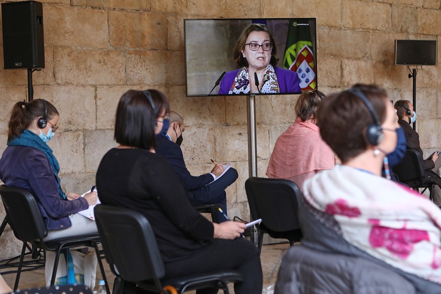 epa09278990 Portuguese Secretary of State for European Affairs Ana Paula Zacarias is seen on TV as she attends a Conference on the Launch of Creative Europe under the Portuguese Presidency of the Coun ...