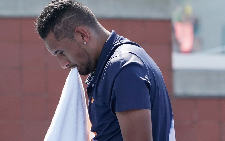 epa06985559 Nick Kyrgios of Australia reacts as he plays Pierre-Hugues Herbert of France during the fourth day of the US Open Tennis Championships the USTA National Tennis Center in Flushing Meadows,  ...