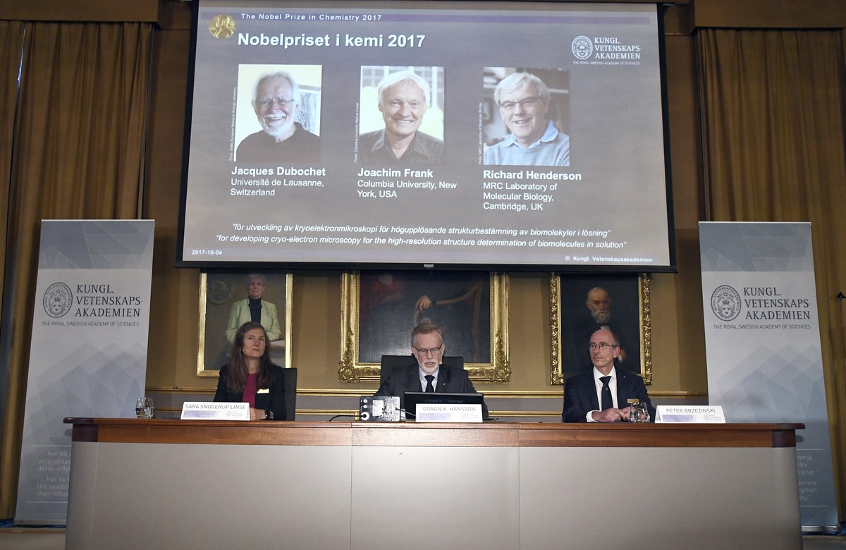 From left, Sara Snogerup Linse, chairman of the Nobel Committee in Chemistry, Goran K. Hansson, secretary of the Royal Academy of Sciences, and Peter Brzezinski, member of the Nobel Committee, sit dur ...