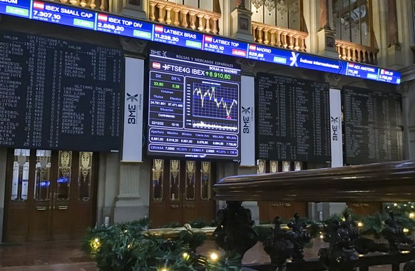 epa10376195 The floor at the headquarters of the Madrid stock exchange in Madrid, Spain, December 22, 2022. Main index Ibex 35 of the Spanish stock market rose 0.32 percent after opening on December 22 and consolidating ...