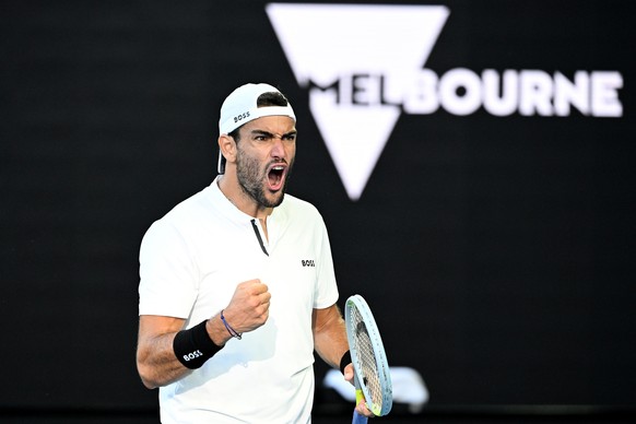 epa09699135 Matteo Berrettini of Italy reacts while in action against Carlos Acaraz of Spain in their third round match of the Australian Open Tennis Tournament at Melbourne Park in Melbourne, Austral ...