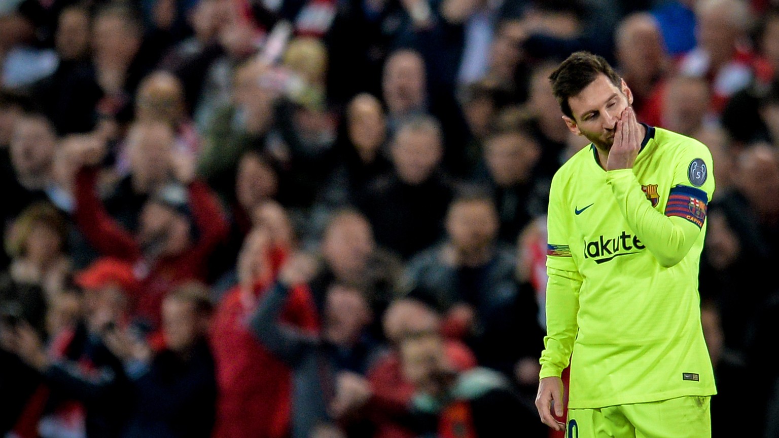 epa07554639 Barcelona&#039;s Lionel Messi reacts during the UEFA Champions League semi final second leg soccer match between Liverpool FC and FC Barcelona at Anfield stadium in Liverpool, Britain, 07  ...