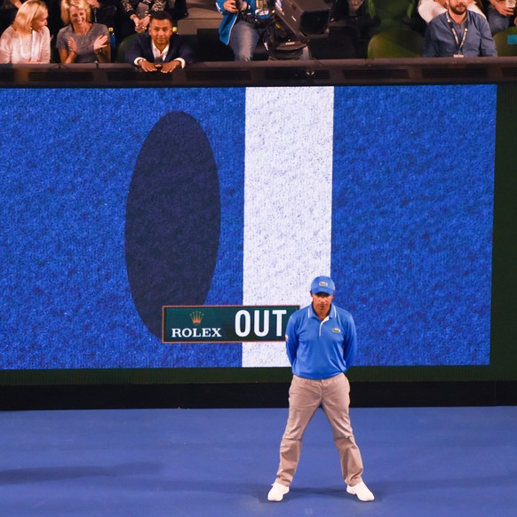 epa05118202 A screen shows the hawk-eye review during the third round match between Nick Kyrgios of Australia and Tomas Berdych of Czech Republic at the Australian Open tennis tournament in Melbourne, ...