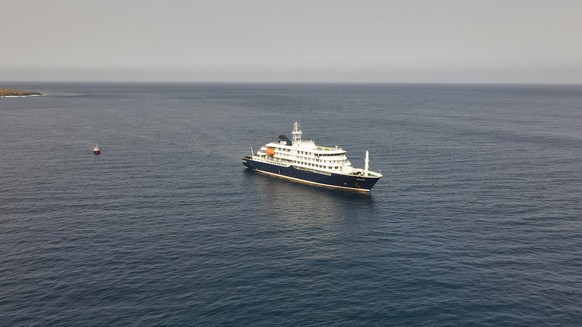 An aerial view of the MV Hondius Dutch cruise ship anchored in the Atlantic off Cape Verde, Tuesday, May 5, 2026. (AP Photo/Arilson Almeida)
South Africa Hantavirus