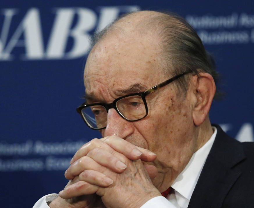 Former U.S. Federal Reserve Board Chairman Alan Greenspan reacts during a question and answer session at the National Association for Business Economics Policy Conference in Arlington, Virginia Februa ...