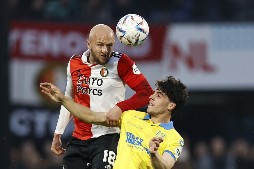 epa10566669 (L-R) Gernot Trauner of Feyenoord and Julen Lobete of RKC Waalwijk in action during the Dutch Eredivisie soccer match between Feyenoord and RKC Waalwijk at Feyenoord Stadion de Kuip in Rot ...