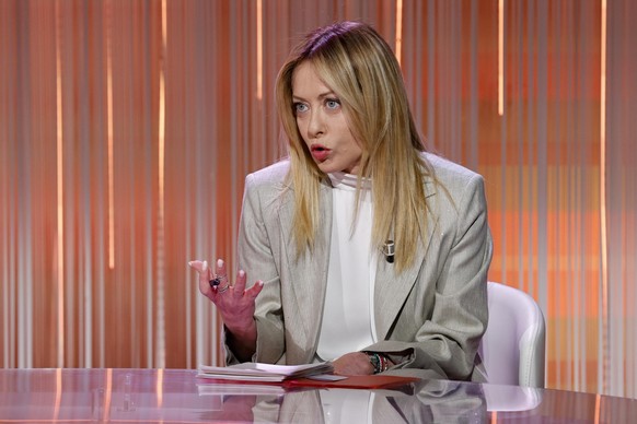 epa12837018 Italian Prime Minister Giorgia Meloni appears on the Raiuno Italian television program Cinque Minuti conducted by Italian journalist Bruno Vespa (not pictured), in Rome, Italy 20 March 202 ...