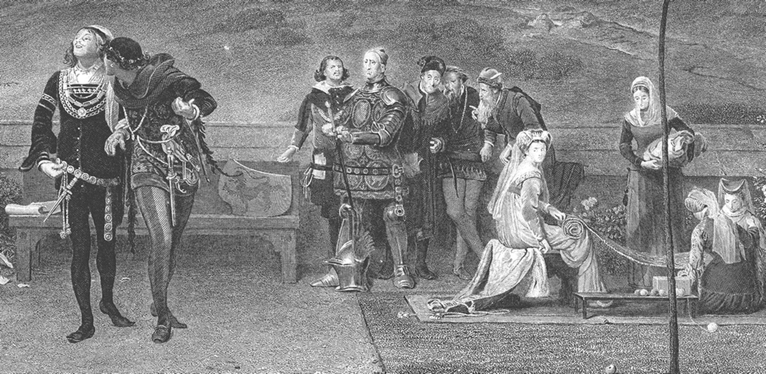 «Eduard II. und Piers Gaveston» von Marcus Stone, 1872. Königin Isabelle und die Höflinge schauen verächtlich zu den beiden hinüber.