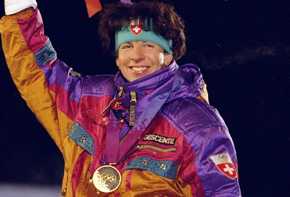 19 Feb 1994: Vreni Schneider of Switzerland celebrates during the women''s downhill at the Olympic Games in Lillehammer, Norway. Schneider won second place. Mandatory Credit: Chris Cole /All ...