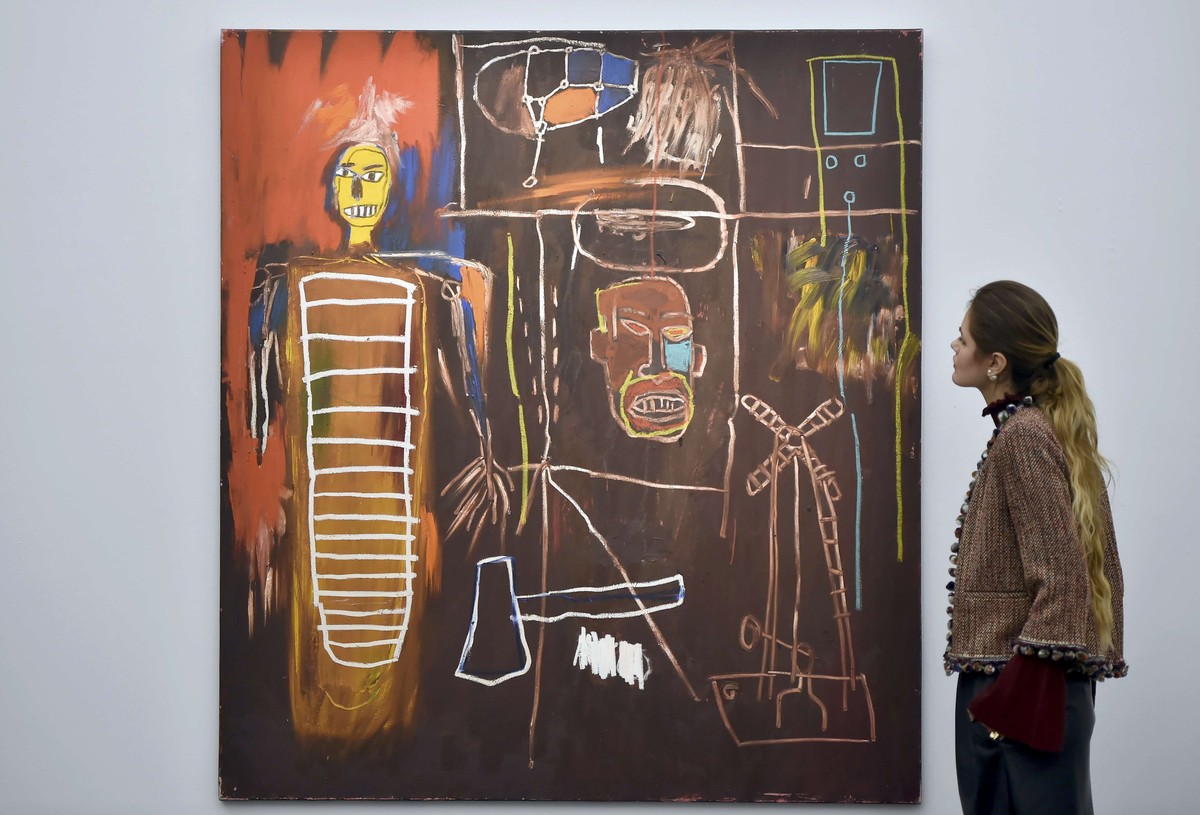'Air Power' by Jean-Michel Basquiat, with an estimate of ?2.5 million - ?3.5 million, part British pop star David Bowie's collection, is exhibited in a press view at Sotheby's auct ...