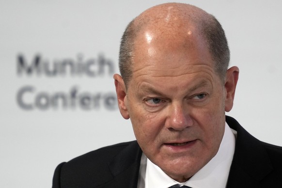 German Chancellor Olaf Scholz speaks at the Munich Security Conference in Munich, Germany, Friday, Feb. 17, 2023. (AP Photo/Michael Probst)