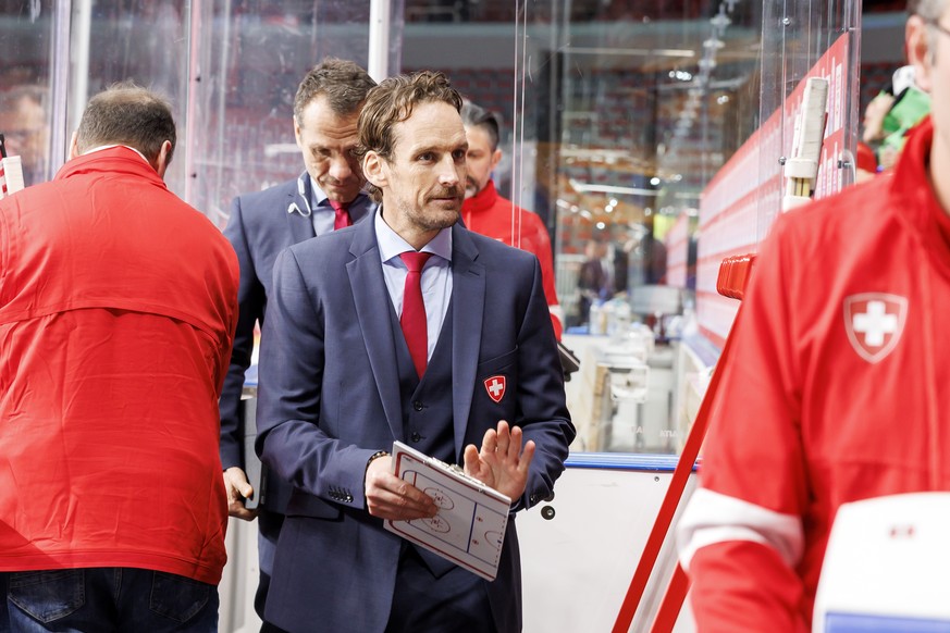 Patrick Fischer, head coach of Switzerland national ice hockey team, reacts after his team winner against the team Slovenia, during the IIHF 2023 World Championship preliminary round group B game betw ...