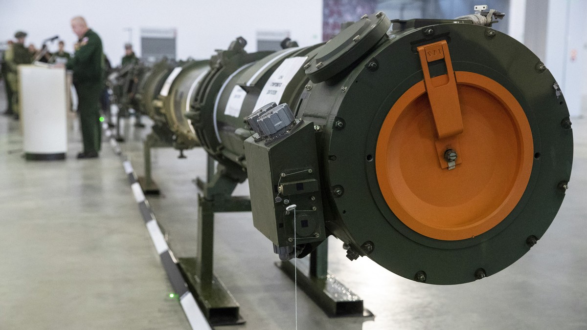 The 9M729 land-based cruise missile in Kubinka outside Moscow, Russia, Wednesday, Jan. 23, 2019. The Russian military on Wednesday rolled out its new missile and spelled out its specifications, seekin ...