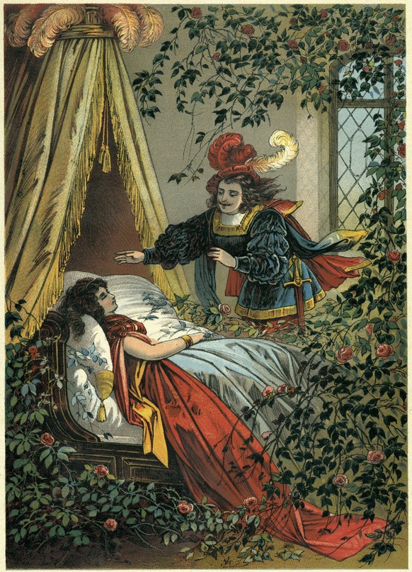 CONTES La Belle au Bois Dormant. scne finale: Le prince dcouvre la princesse endormie. . Lithographie OFFTERDINGER Karl 1829-1889 Ed. JOUVET et Cie, vers 1885. Credit: Collection Kharbine Tapabor ***  ...