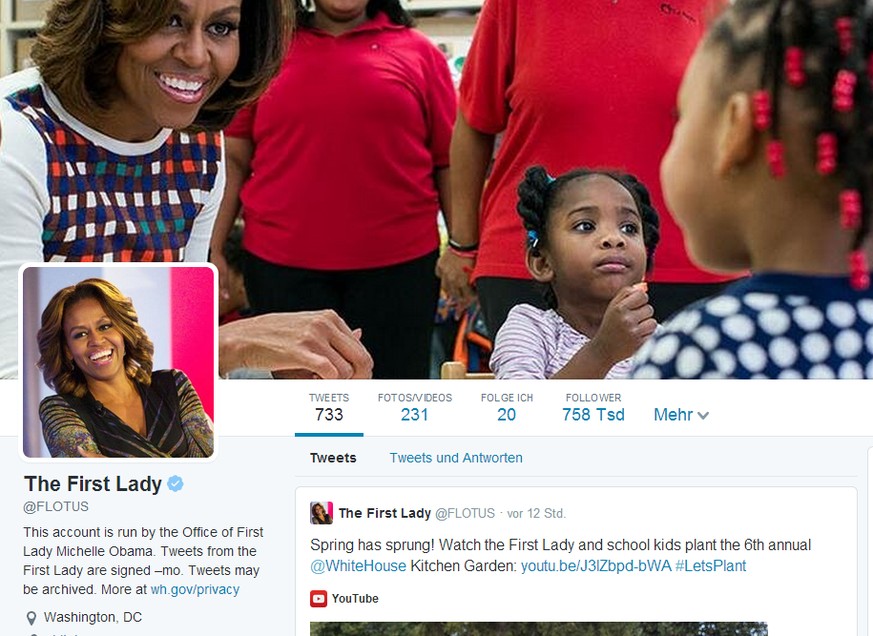 Twitter wird bildlastiger und nähert sich so Facebook an, Profil von Michelle Obama.