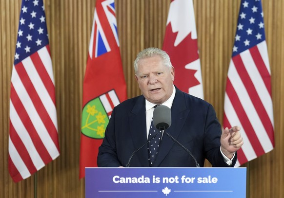 Ontario Premier Doug Ford holds a news conference regarding the new tariffs that the United States has placed on Canada, at Queen&#039;s Park in Toronto on Tuesday, March 4, 2025. (Nathan Denette/The  ...