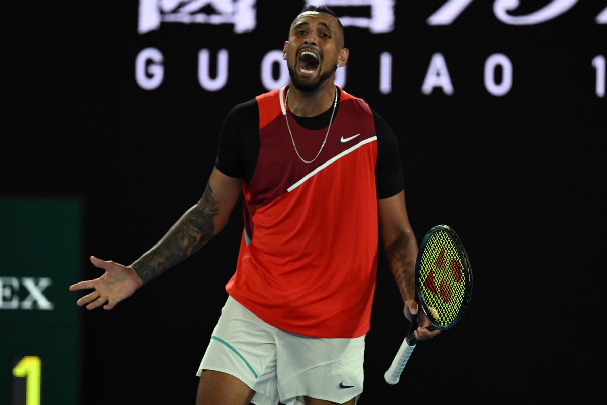 epa09696760 Nick Kyrgios of Australia reacts during his second round Men?s singles match against Daniil Medvedev of Russia on day 4 of the Australian Open Tennis Tournament at Melbourne Park in Melbou ...