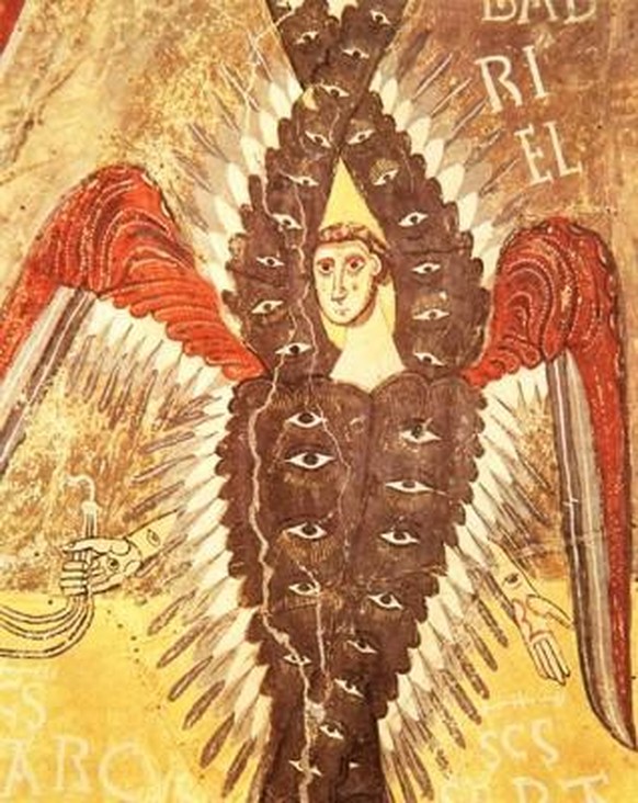 Darstellung eines Seraphen in einem mittelalterlichen Manuskript. Die Flügel sind mit zahlreichen Augen besetzt – nice.