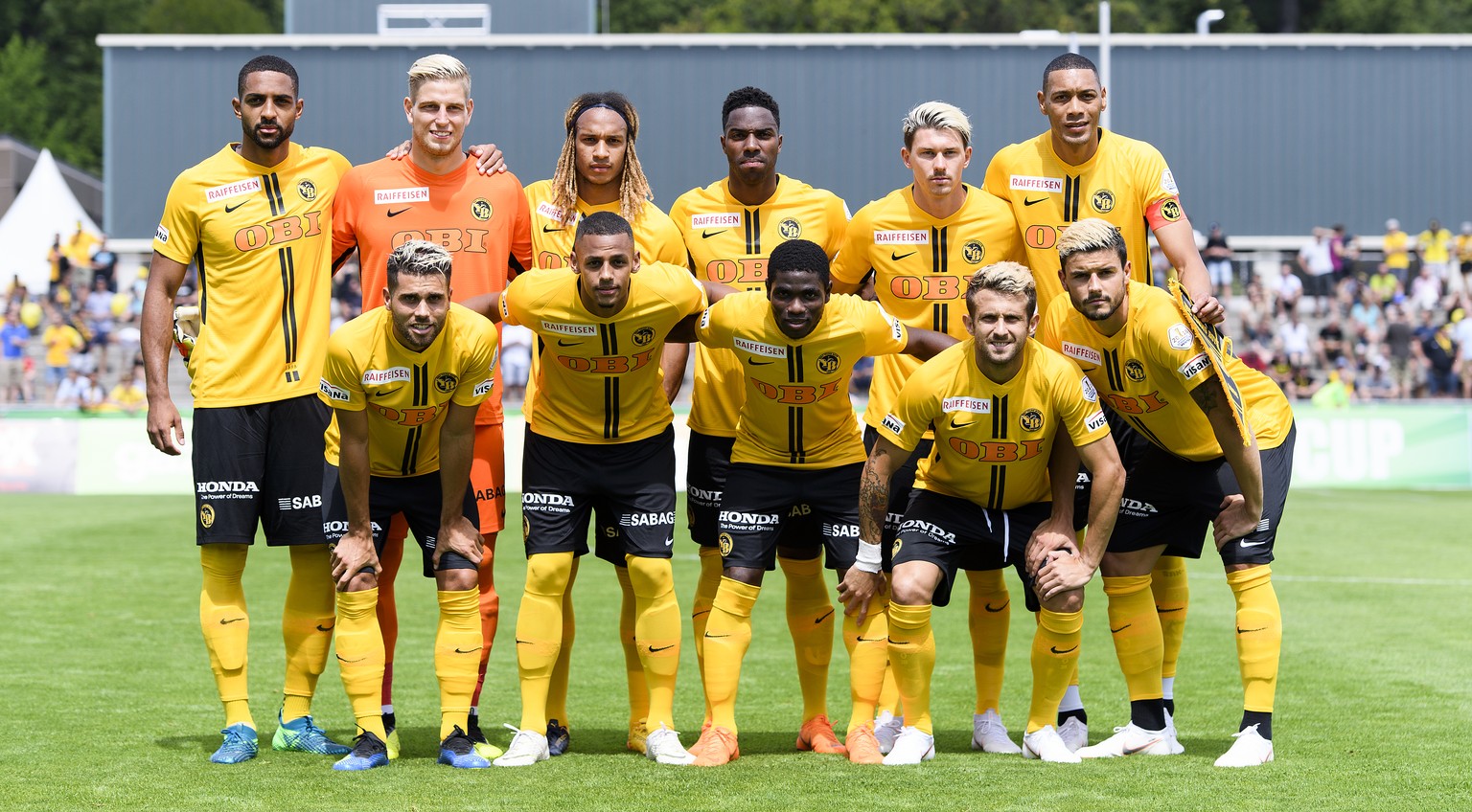 YBs players take a pose during a friendly soccer match of the international Uhrencup tournament between Switzerland's BSC Young Boys and England's Wolverhampton Wanderers F.C. at the Stadion Neufeld i ...