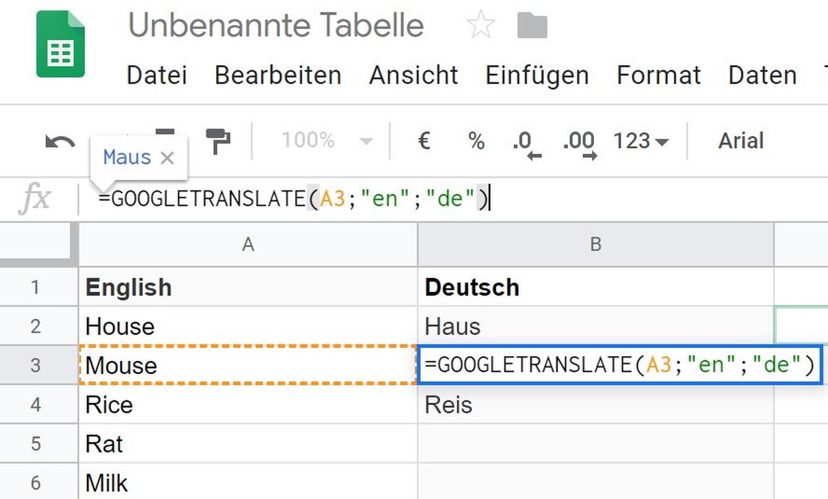 Googles Tabellenkalkulation leistet auch als Übersetzungs-Tool gute Dienste.