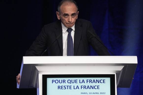 French far-right candidate Eric Zemmour addresses his supporters after preliminary results were announced for the first round of the presidential election in Paris, France, Sunday, April 10, 2022. Up  ...