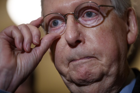 epaselect epa08110851 Senate Majority Leader Mitch McConnell responds to a question from the news media during a press conference in the US Capitol in Washington, DC, USA, 07 January 2020. Leader McCo ...