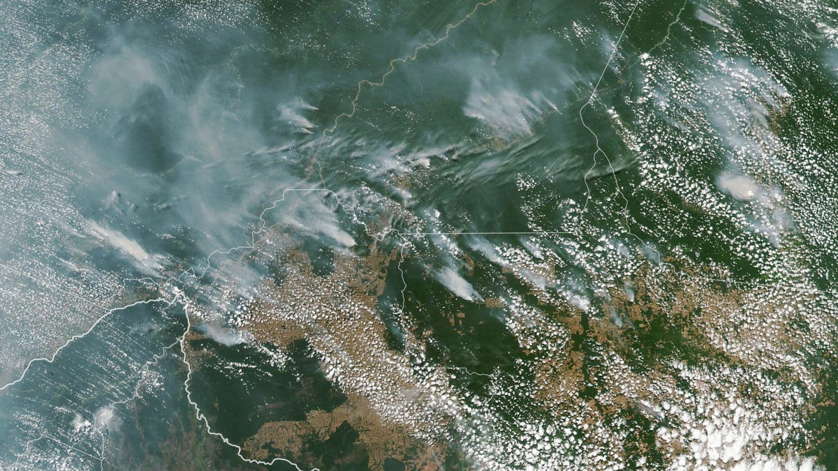 epa07783333 A handout photo made available by NASA of a satellite image showing several fires burning in the Brazilian states of Amazonas (top C-L), Para (top R), Mato Grosso (bottom R) and Rondonia ( ...